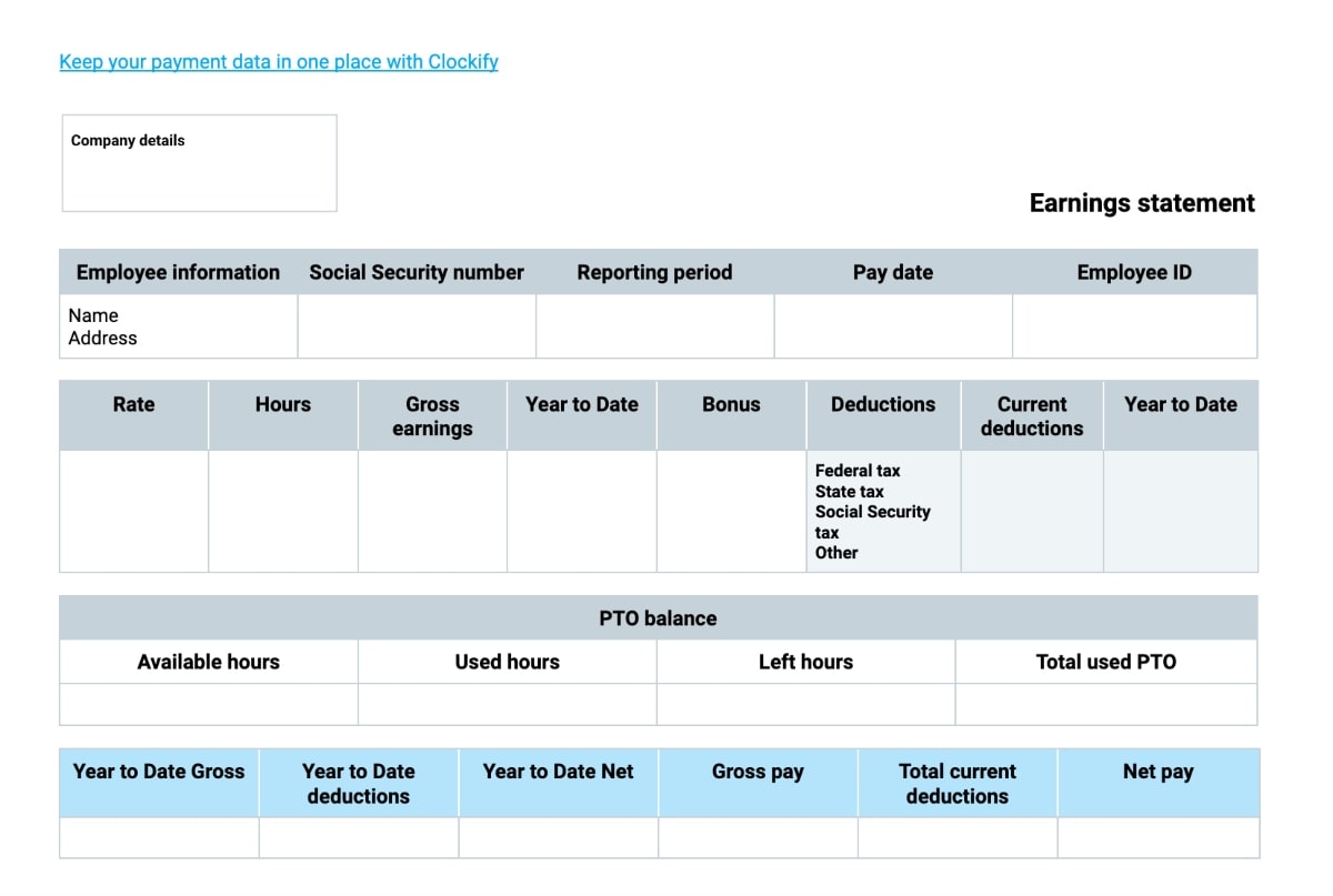 Pay stub Template with PTO