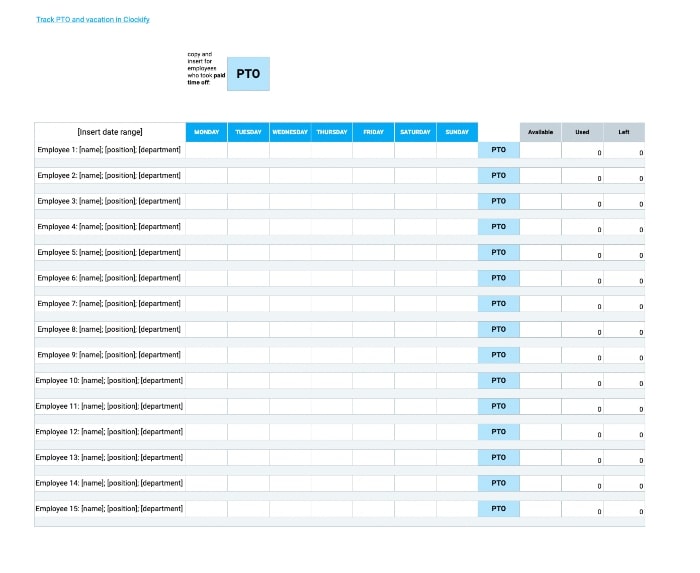 Weekly Flexible PTO tracking template 