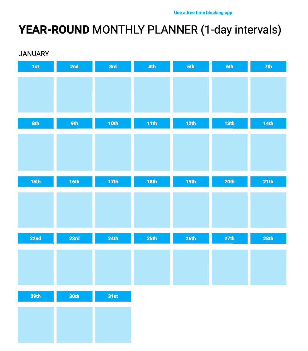 Year-round monthly planner (1-day intervals)