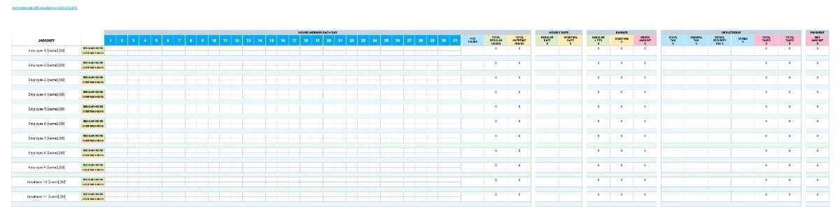 Yearly Payroll Template with overtime and PTO