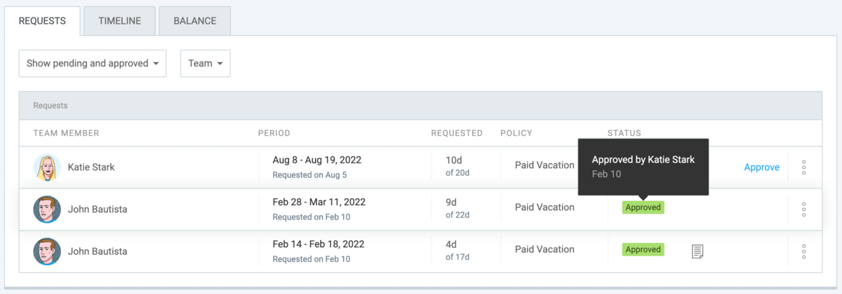 21. See who approved the time off request and when