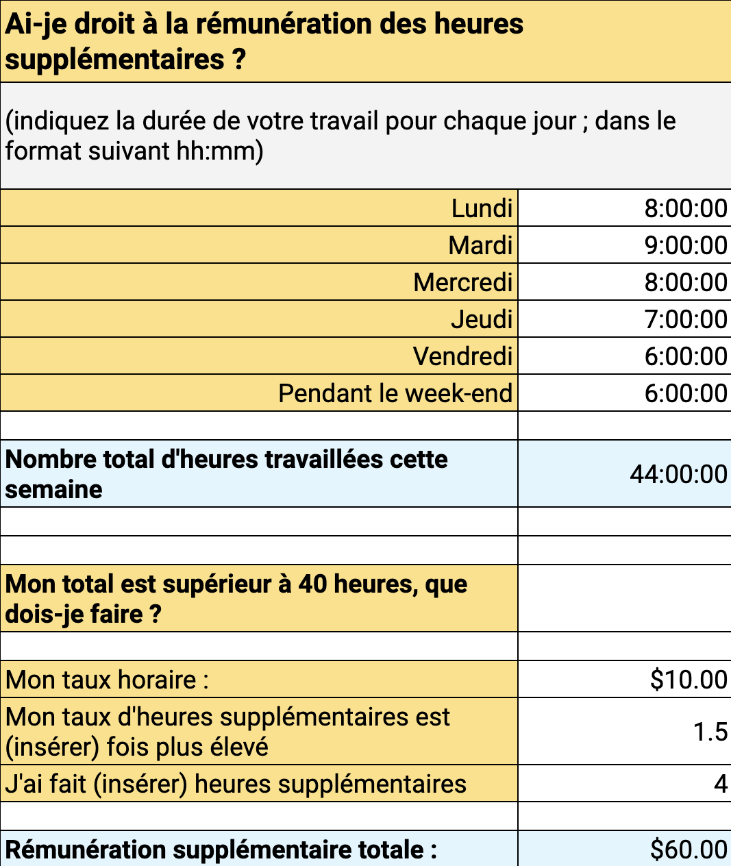 Calculateur de la semaine de travail de 40 heures