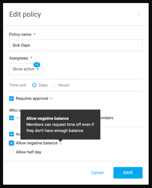 Allowing negative balance for sick leave in Clockify