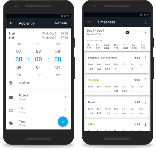 Mobile timesheet app screenshot for iOS and Android