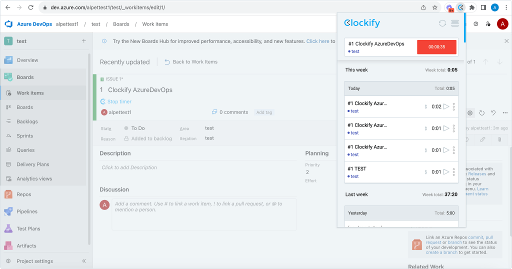 Azure DevOps control del tiempo: el temporizador empieza a correr en Chrome