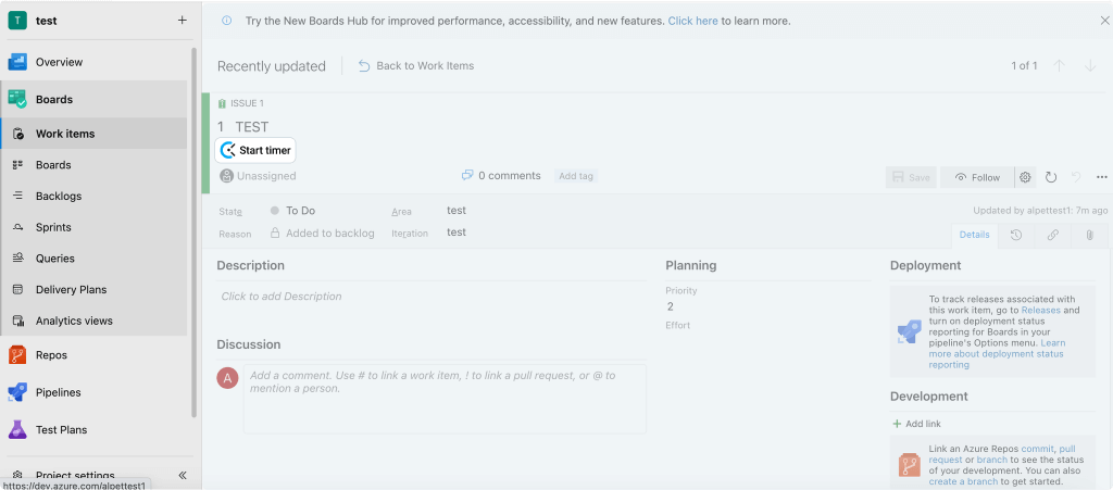 Azure DevOps control del tiempo: el temporizador aparece en los issues y merge requests de Azure DevOps