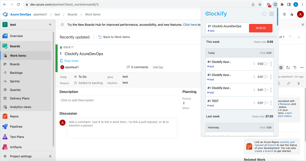 Captura de tela da integração de rastreamento de tempo do Azure DevOps