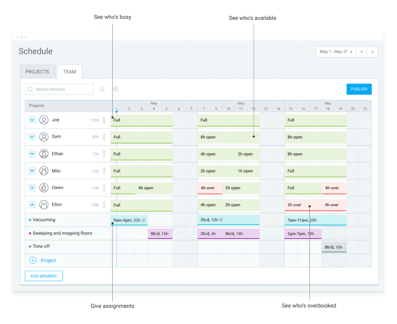 Team scheduling feature in Clockify (screenshot)