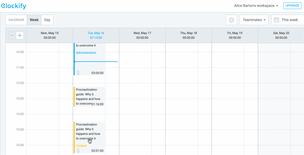 Clockify Calendar view 1