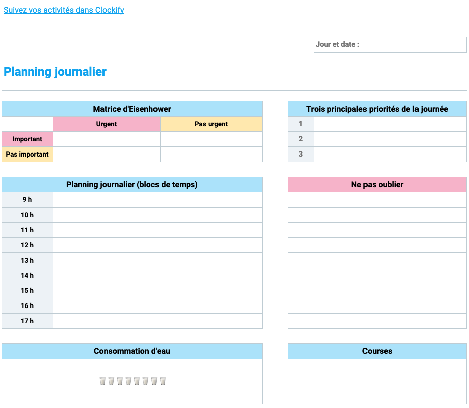 Modèle de planning journalier