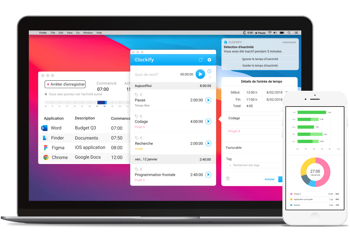 Clockify applis Mac, Windows, iOS, Android (capture d'écran)