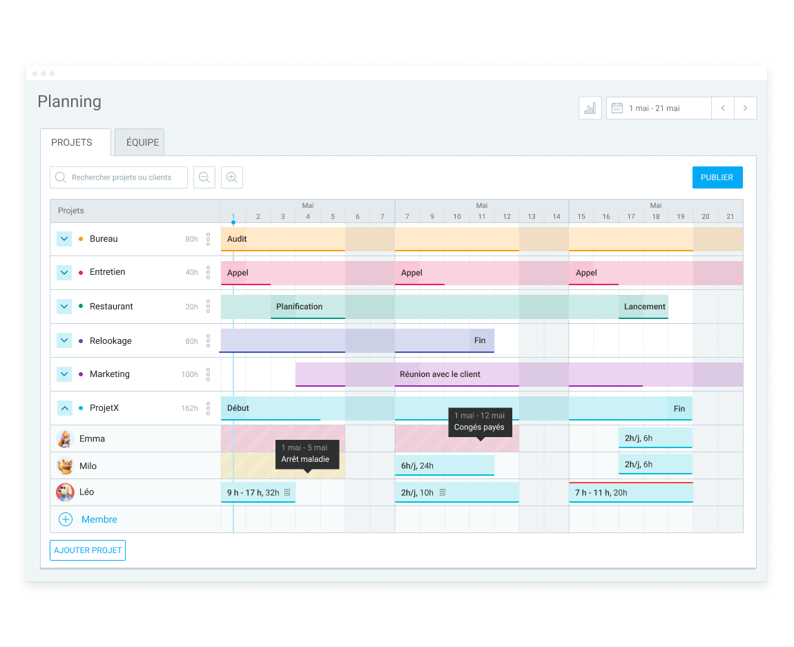 Fonction de planification des projets et des équipes dans Clockify (capture d'écran)