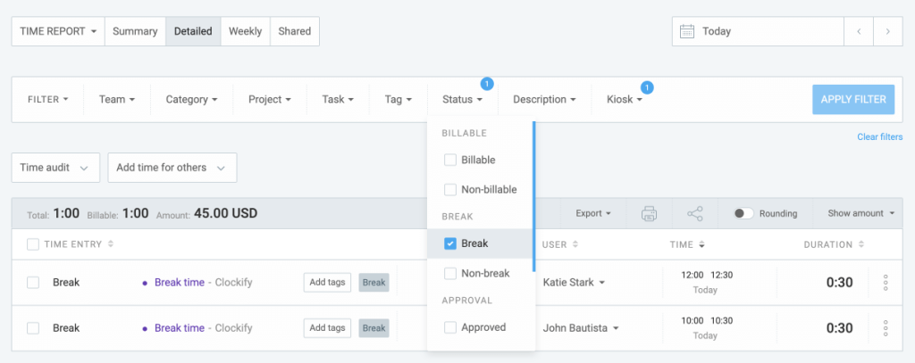 A detailed report filtering recorded breaks.