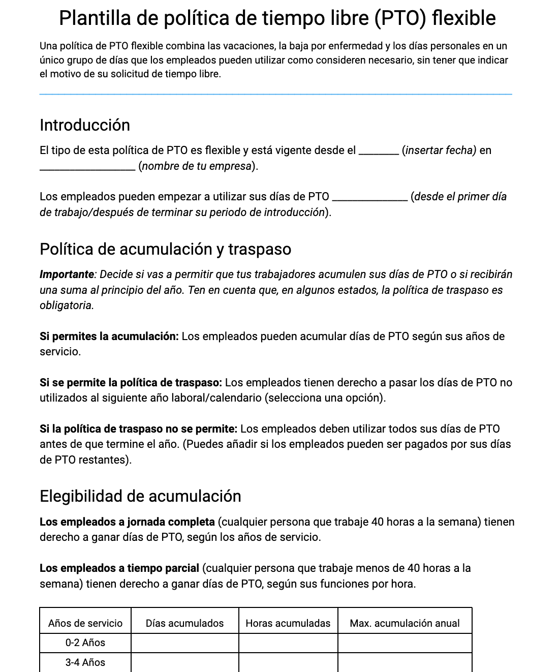 Plantilla de política de PTO flexible