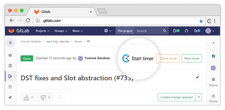 Capture d'écran d'intégration de suivi du temps dans GitLab