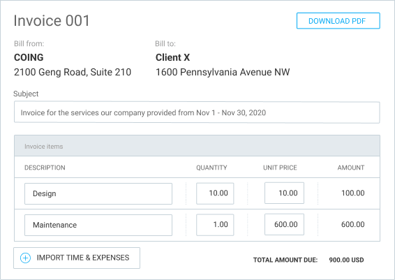 Invoice example in Clockify.