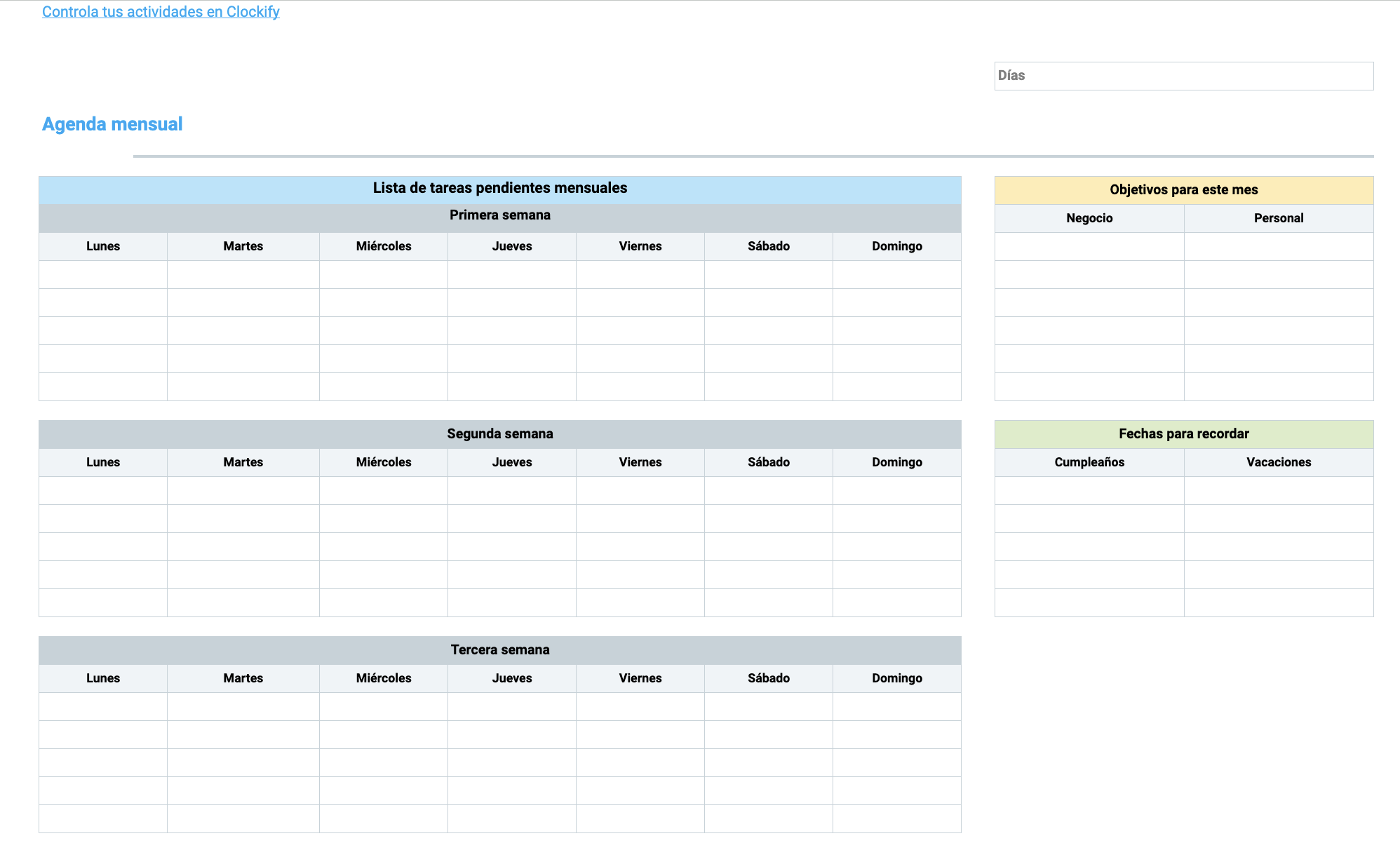 Vista previa de plantilla de agenda mensual en línea