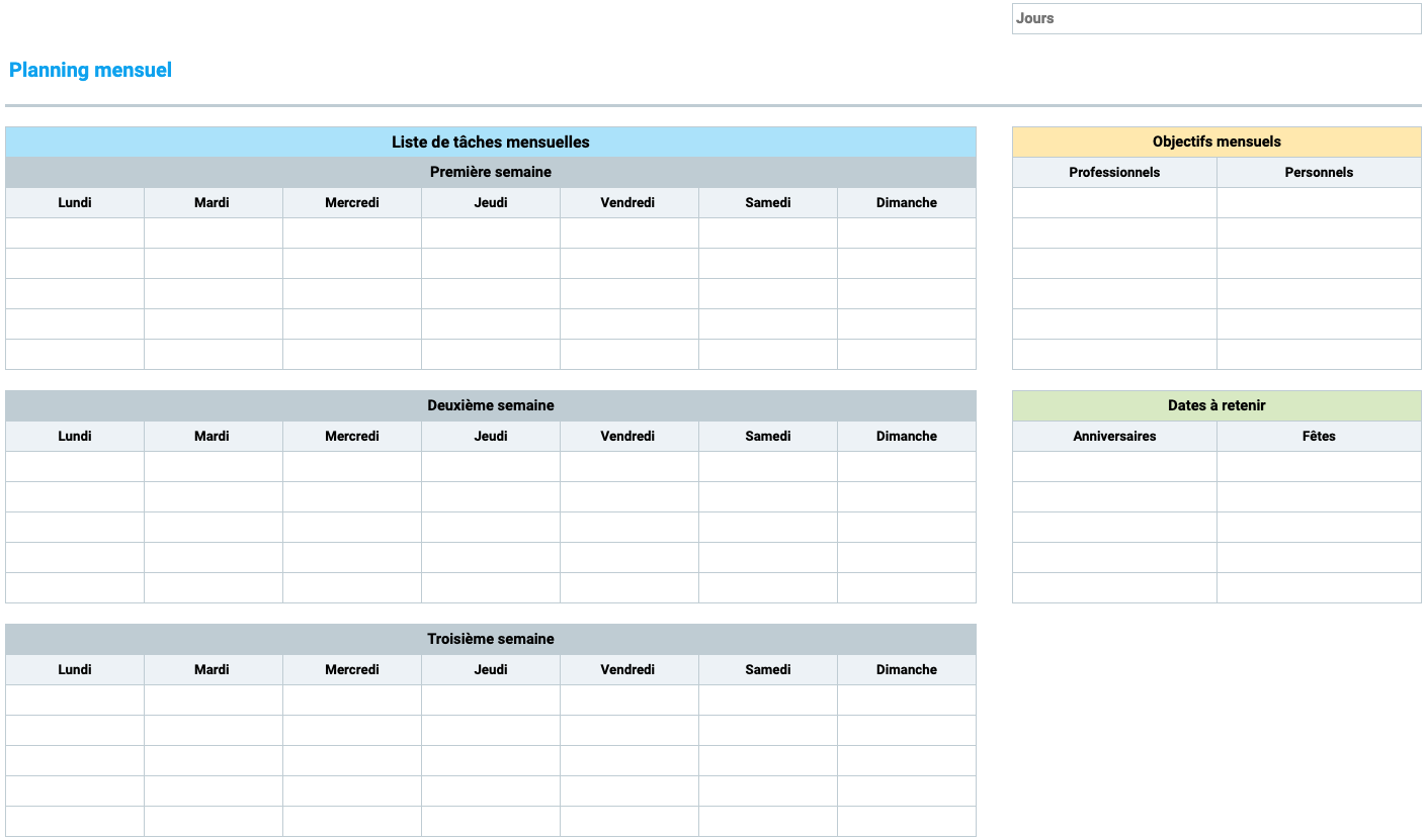 Modèle de planning mensuel en ligne