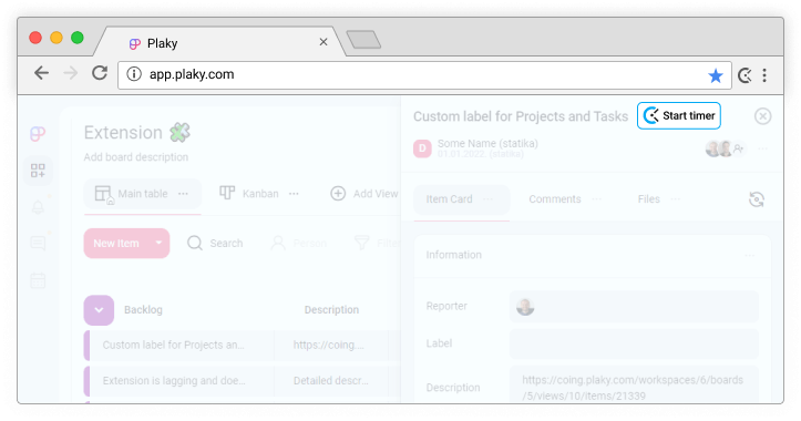Plaky time tracking - timer appears in Plaky tasks