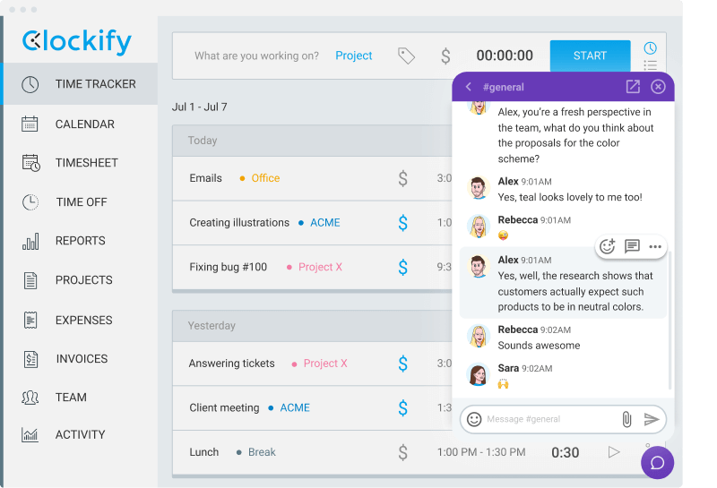 Chat with your team directly in Clockify