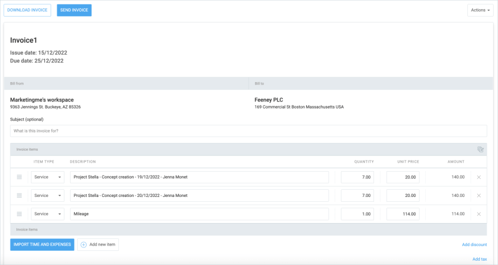 An invoice with tracked billable time and recorded expenses ready to bill a client.