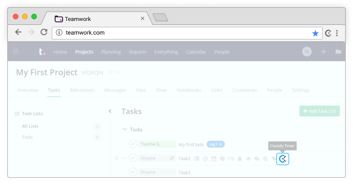 Rastreador de tempo para Teamwork - o cronômetro aparece nas tarefas do Teamwork