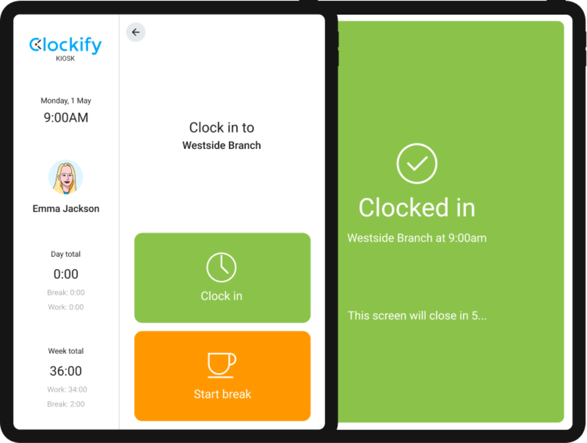 The Clockify kiosk enables employees to clock in and out quickly and easily