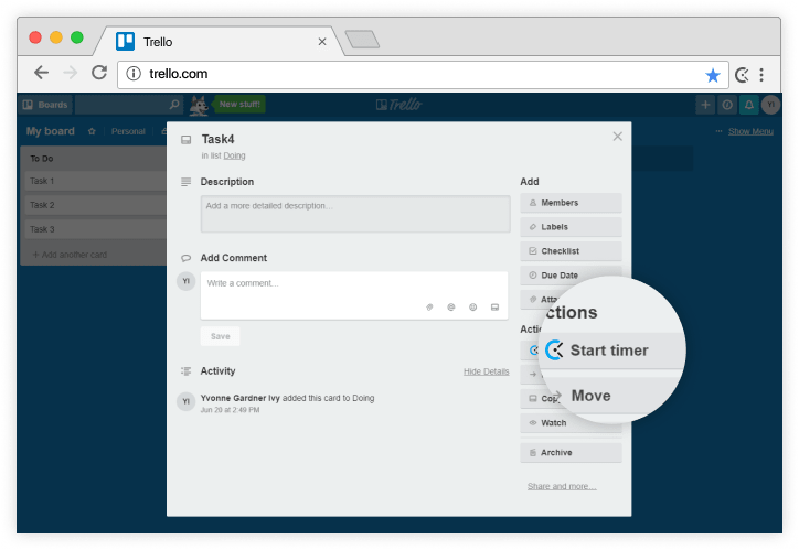 Trello time tracking integration screenshot
