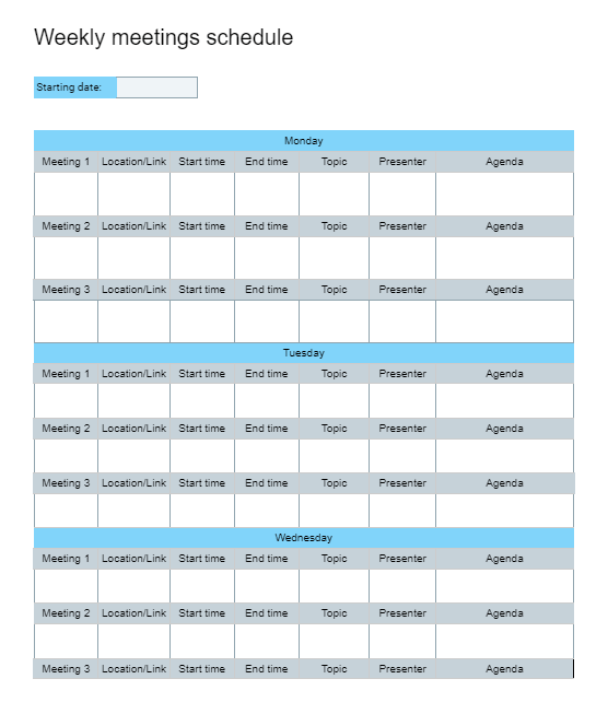 Weekly Meetings Schedule