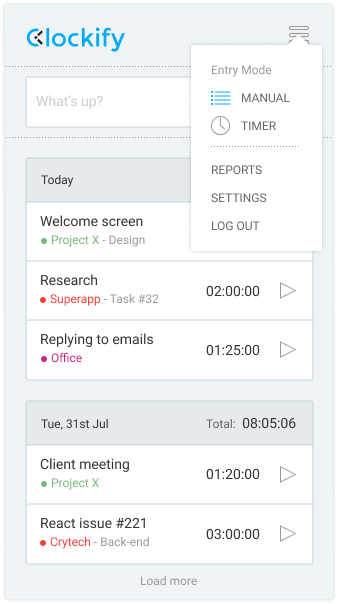 Linux time tracking app screenshot of switching mode