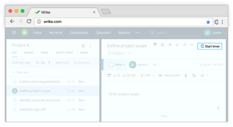 Zeiterfassung in Wrike - Timer erscheint bei Aufgaben