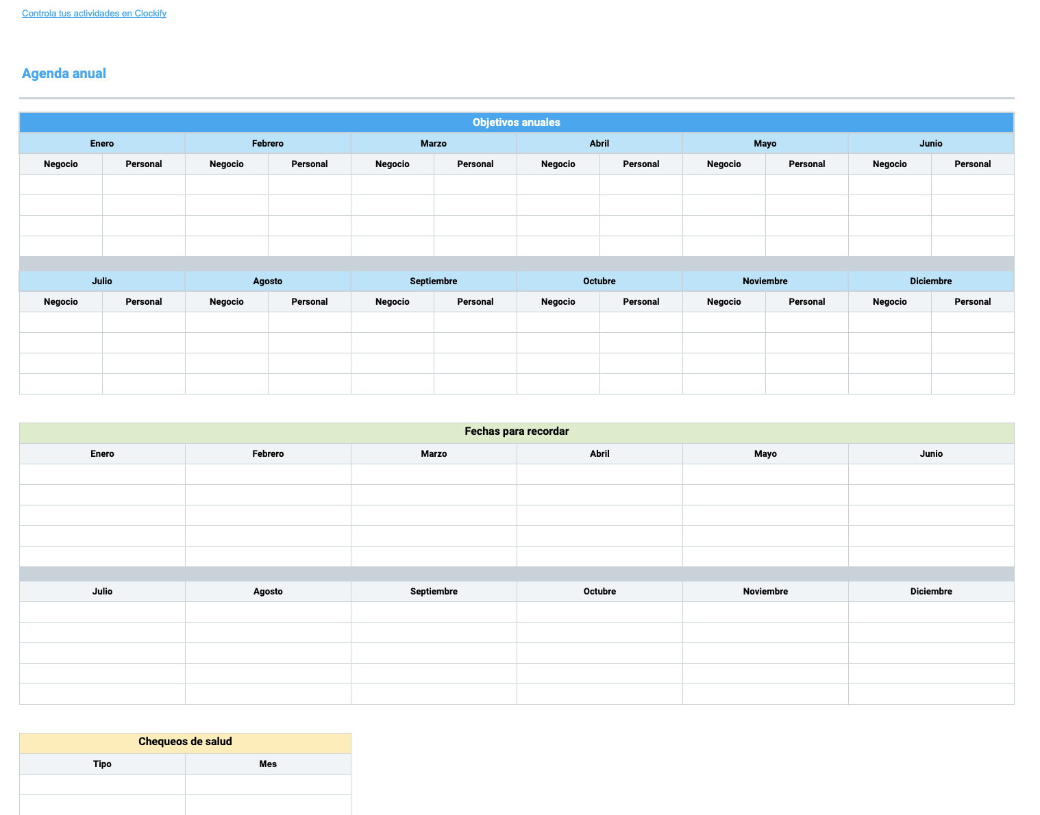 Vista previa de la plantilla de agenda anual en línea